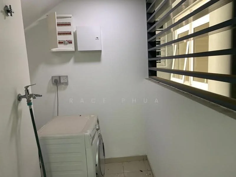 Laundry features: white painted walls, ceramic tile flooring, wall-mounted electrical panel, wall-mounted power outlet, wall-mounted water tap, front-load washing machine, small utility room, horizontal louvered window, metal window grille, natural light from window; style: modern.