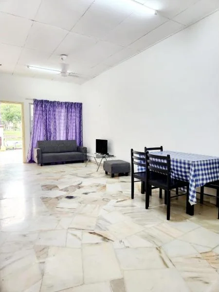 Living features: marble flooring, white painted walls, 5-blade ceiling fan, sofa in grey, TV console, wall-mounted TV, dining table with checkered tablecloth, 4 dining chairs, grey ottoman, curtains in purple; style: minimalist.