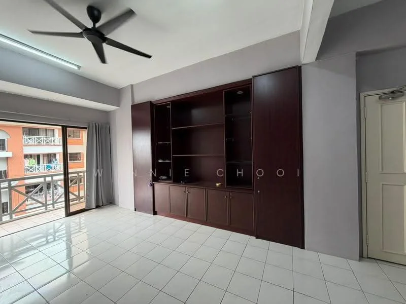 Living features: white painted walls, ceiling fan, tiled flooring, built-in wooden cabinetry, sliding glass door, floor-to-ceiling windows, curtains, balcony access; style: modern; view: city.