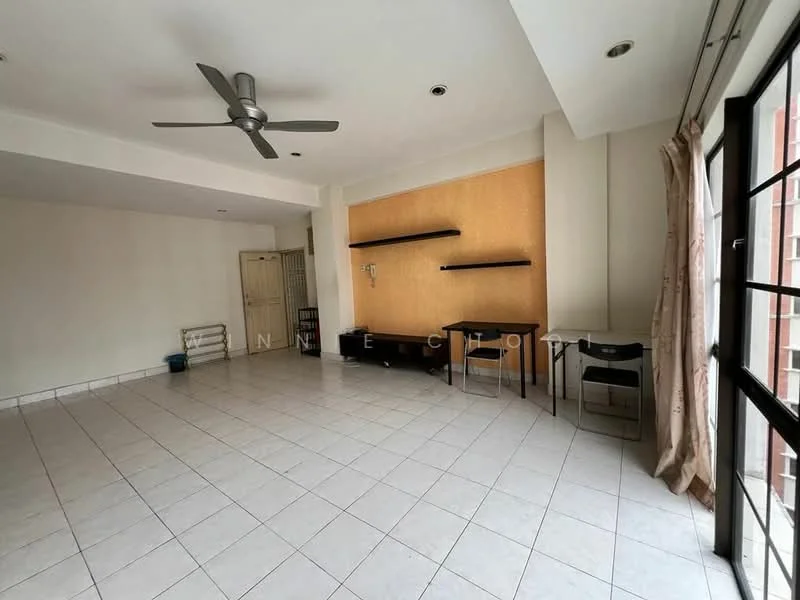 Living features: white painted walls, tile flooring, 5-blade ceiling fan, large windows with sheer curtains, wooden shelves on wall, TV console, two study desks, corner space for storage, neutral color scheme, natural light from windows; style: modern.