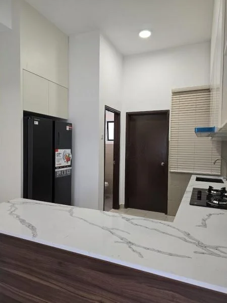 Kitchen features: white marble countertop, stainless-steel fridge, built-in cabinets with light wood finish, gas stove with 4 burners, single-bowl stainless-steel sink, chrome pull-down faucet, window with blinds, tile flooring, recessed ceiling lights; style: modern. Room features: brown wooden door, light-colored walls, tile flooring.