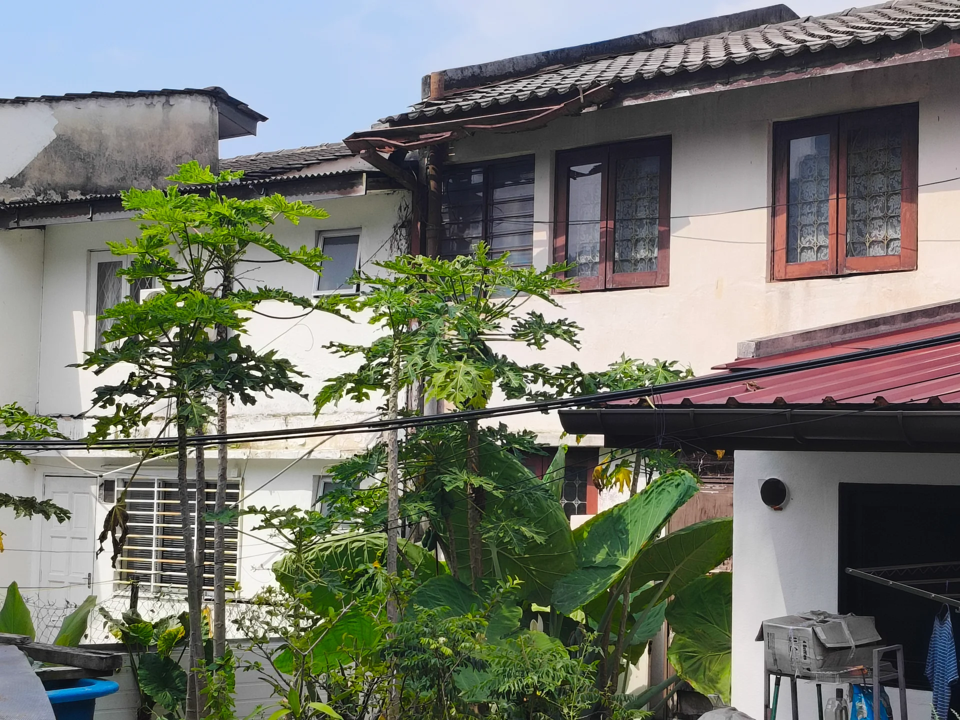 Exterior type: linked terrace house; features: two-storey building, white painted facade, wooden window frames with glass panes, sloping roof with tiles, greenery with trees and plants in foreground, visible electrical wiring, outdoor air conditioning unit, metal awning over entrance; style: traditional.