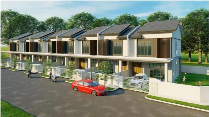 Exterior type: linked terrace house; features: two-storey building, modern facade with horizontal slats, large windows, gabled roof, driveway with parking space, manicured landscaping, surrounded by trees, fenced front yard, concrete pathway, visible car parked in front; style: modern.