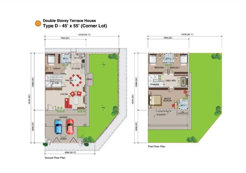 Floor plan: 4-bedroom 3-bathroom unit; features: double-storey layout, open-plan kitchen-dining-living, master bedroom with ensuite bathroom, balcony off master bedroom, utility room, garage for 2 cars, garden area, private yard, central foyer, 2 shared bathrooms, study or 4th bedroom, living room with access to garden.