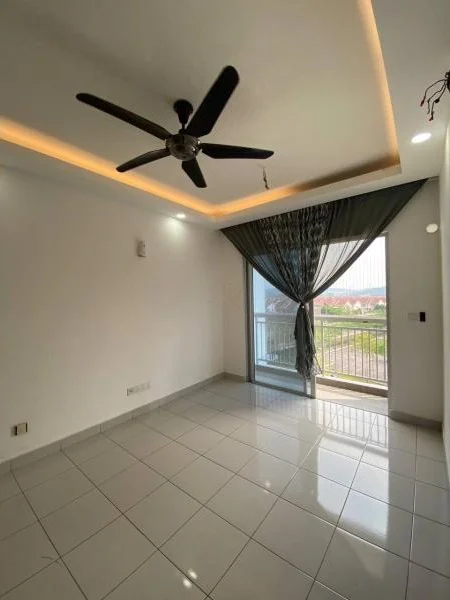 Living features: white painted walls, polished ceramic tile flooring, tray ceiling with recessed lighting, 5-blade ceiling fan, floor-to-ceiling sliding glass door, sheer curtains, balcony view, natural light from window; style: modern; view: garden.