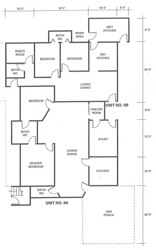 Floor plan: 4-bedroom 4-bathroom unit; features: open-plan kitchen-dining-living, master bedroom with ensuite bathroom, utility room, wet kitchen, dry kitchen, study, prayer room, car porch.