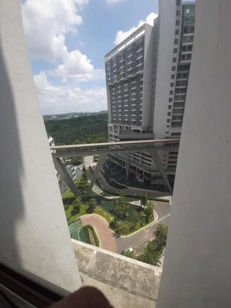 Room features: balcony with railing, view of landscaped garden, view of surrounding buildings, concrete flooring, glass sliding door, white walls, natural light from window, outdoor space; style: modern; view: garden.