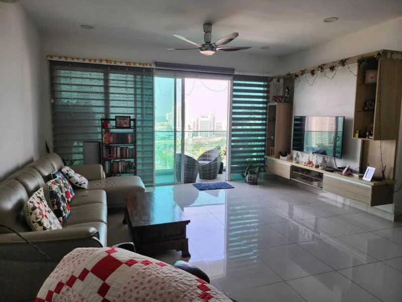 Living features: 3-seater leather sofa in grey, 2-seater fabric sofa with patterned cushions, wooden coffee table, TV console with wall-mounted TV, decorative items on console, area rug, floor-to-ceiling windows, roller blinds, ceiling fan with light, white painted walls, glossy tile flooring; style: modern; view: city.