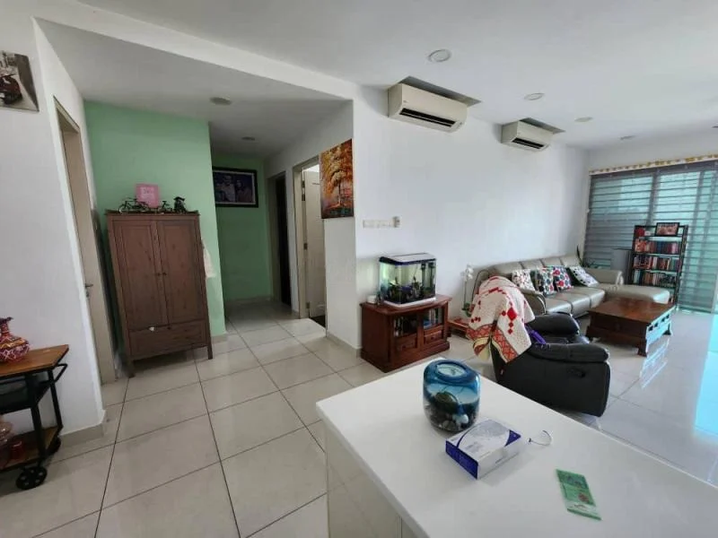 Living features: white painted walls, light green accent wall, ceramic tile flooring, 2 wall-mounted split AC units, sofa with decorative cushions, coffee table, bookshelf, large windows with blinds; style: modern. Hallway features: white painted walls, ceramic tile flooring, doorway leading to other rooms; style: modern.