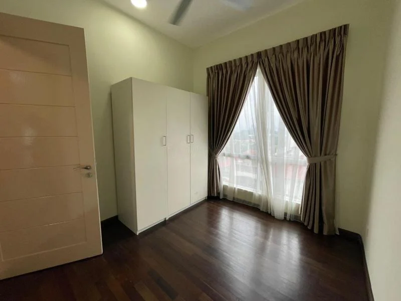 Bedroom features: wooden flooring, cream painted walls, floor-to-ceiling windows, sheer curtains, built-in wardrobe with sliding doors, ceiling fan, decorative curtain rod; style: modern; view: city.