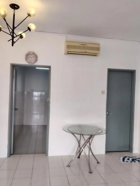 Room features: white painted walls, glossy white tile flooring, ceiling light fixture with multiple bulbs, 1 wall-mounted split AC, round glass dining table with metal base, 2 doors leading to other rooms, clock on the wall; style: modern.