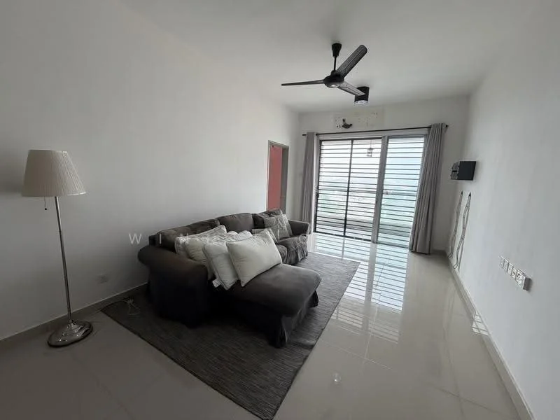 Living features: 3-seater fabric sofa in grey, white throw pillows, area rug with neutral color, floor-to-ceiling windows, sliding glass door, curtains, wall-mounted TV, ceiling fan with light, glossy tile flooring, white painted walls; style: modern; view: garden.