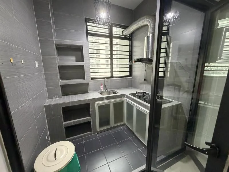 Kitchen features: grey tiled walls, black tiled flooring, single-bowl stainless-steel sink, chrome pull-down faucet, built-in gas hob, exhaust hood, open shelving, glass cabinet doors, window with horizontal slats, countertop with storage below; style: modern.