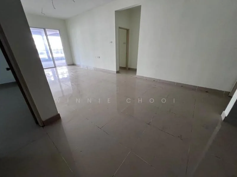 Room features: white painted walls, glossy marble tile flooring, floor-to-ceiling windows, sliding glass door, natural light from windows, neutral color scheme, high ceiling, open layout; style: modern.