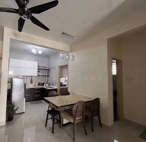 Dining features: 4-seater dining table, brown wooden dining chairs, pendant lighting with three bulbs, grey tiled flooring, cream painted walls, ceiling fan with 5 blades, open layout to kitchen, refrigerator, kitchen cabinetry visible in background; style: modern. Kitchen features: white upper cabinets, brown lower cabinets, stainless-steel refrigerator, built-in stove, kitchen countertop, sink, wall-mounted cabinets, open shelving; style: modern.
