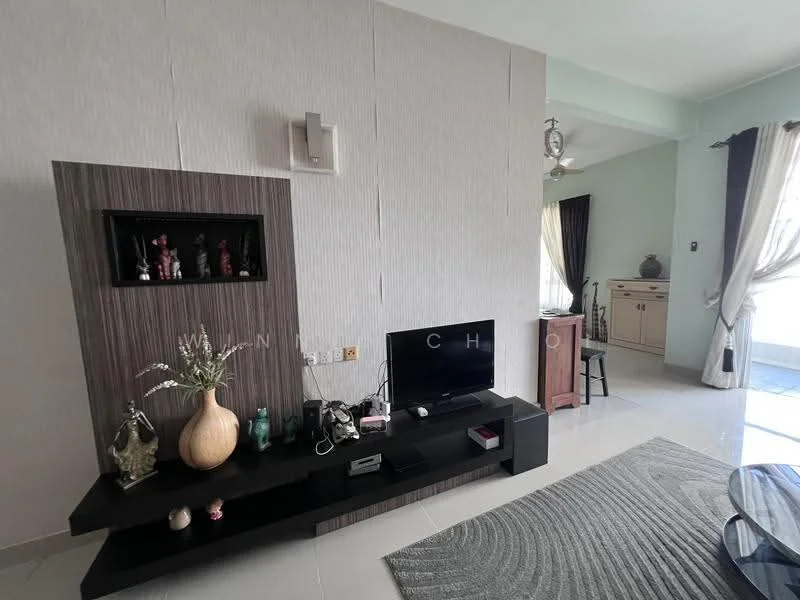Living features: light grey painted walls, dark wood feature wall with built-in shelf, floor-to-ceiling windows with sheer curtains, sliding glass door, ceramic tile flooring, TV console in dark wood, wall-mounted TV, decorative vase, decorative figurines, area rug with geometric pattern, ceiling fan with light, wall clock; style: modern; view: garden.