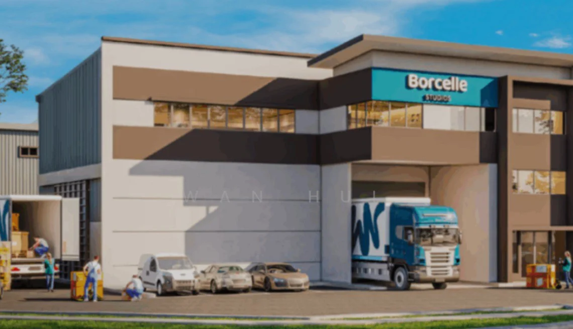 Exterior type: commercial building; features: modern facade with large windows, signage with 'Borcellé studios', loading dock area, multiple parking spaces, delivery truck in front, grey and brown color scheme, flat roof, surrounding landscaping with trees; style: modern.
