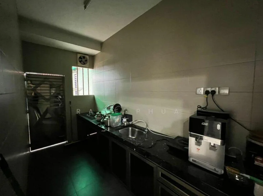 Kitchen features: black granite countertop, single-bowl stainless-steel sink, chrome pull-down faucet, built-in coffee machine, freestanding water dispenser, dark cabinetry, tile backsplash, floor-to-ceiling window, exposed ventilation fan; style: modern.