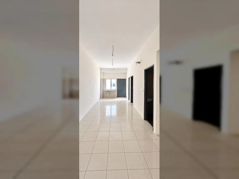 Hallway features: white painted walls, large-format beige ceramic tile flooring, high white ceiling, recessed ceiling lighting point, long narrow corridor layout, black-painted door frames, multiple door openings along right side, sliding window at far end, small wall-mounted sink at far end, grey door at far end, plain minimal finishes; style: minimalist.