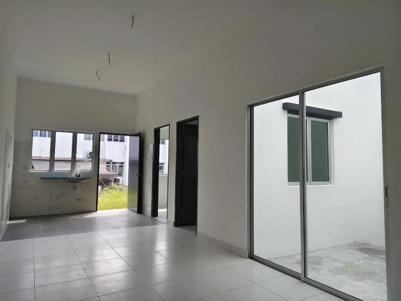 Room features: white painted walls, grey tiled flooring, floor-to-ceiling windows, sliding glass door, kitchen sink, open layout, natural light, no visible furniture; style: modern; view: garden.