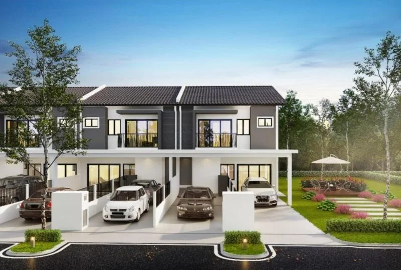 Exterior type: linked terrace house; features: two-storey building, grey and white facade, pitched tile roof, manicured lawn, landscaped garden with flower beds, car porch with space for multiple vehicles, outdoor seating area with gazebo, driveway with interlocking pavers, surrounded by greenery, street view with asphalt road; style: modern.