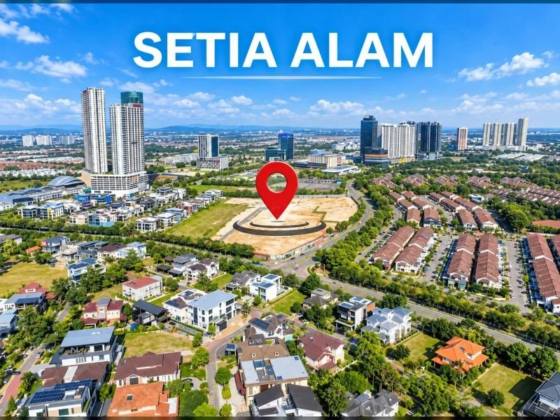 Exterior features: aerial city view, mixed residential neighborhood, high-rise condominium towers, mid-rise commercial buildings, rows of terraced houses, detached and semi-detached houses, tree-lined roads, manicured green spaces, large vacant development plot, curved access road, dense suburban layout, skyline in background; style: contemporary.