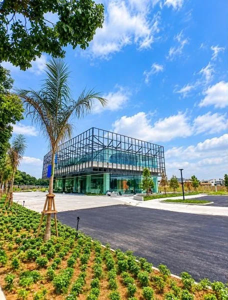Exterior type: clubhouse; features: glass curtain wall, modern boxy facade, black metal frame structure, flat roof, two-storey building, large paved forecourt, newly landscaped grounds, young palm trees, manicured planting beds, asphalt driveway, stone-paved walkway, open-air parking area, surrounded by open land; style: modern.
