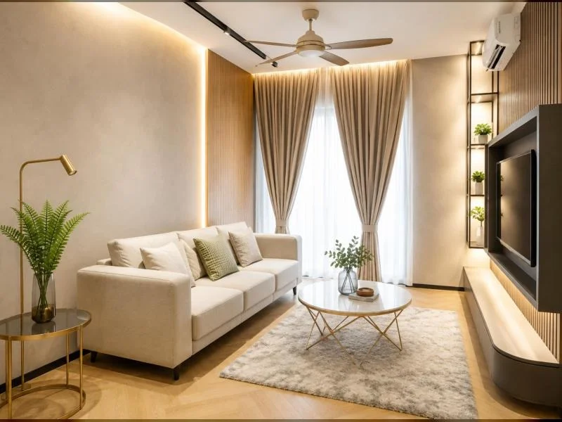Living features: white painted walls, vertical wood slat accent wall, light wood flooring, recessed LED downlights, ceiling fan, floor-to-ceiling window, sheer curtains, beige blackout curtains, 3-seater fabric sofa in beige, throw pillows, round coffee table with gold metal base, light grey area rug, wall-mounted TV, built-in TV feature wall, floating media console, open shelving with integrated lighting, wall-mounted split AC, floor lamp, side table, potted plant, decorative mirror, indirect cove lighting; style: modern.