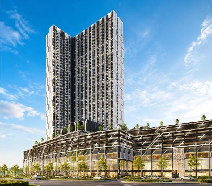 Exterior type: high-rise condominium; features: approximately 40-storey high-rise, glass curtain wall facade, white and grey facade, recessed balconies, vertical fins, podium base with extensive glazing, multi-level podium structure, landscaped rooftop terrace, tropical landscaping, palm trees, stone-paved forecourt, fronts a wide road; style: modern.