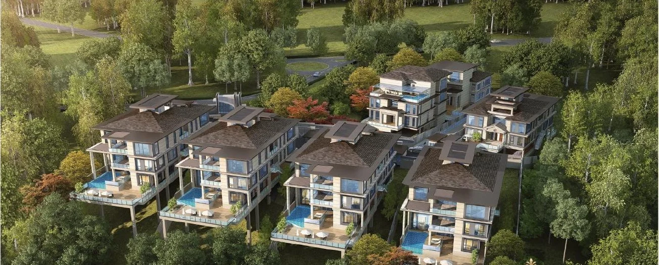 Exterior type: linked terrace house; features: multiple units with balconies, flat roof, large windows, surrounded by greenery, landscaped gardens, swimming pools visible, wooden decking on balconies, modern architectural design; style: modern.