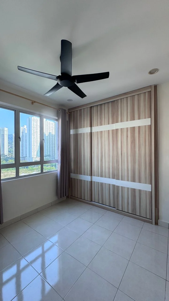 Bedroom features: floor-to-ceiling windows, black ceiling fan, built-in wardrobe with sliding doors, white walls, cream tiled flooring, curtains, city view, natural light; style: modern; view: city.