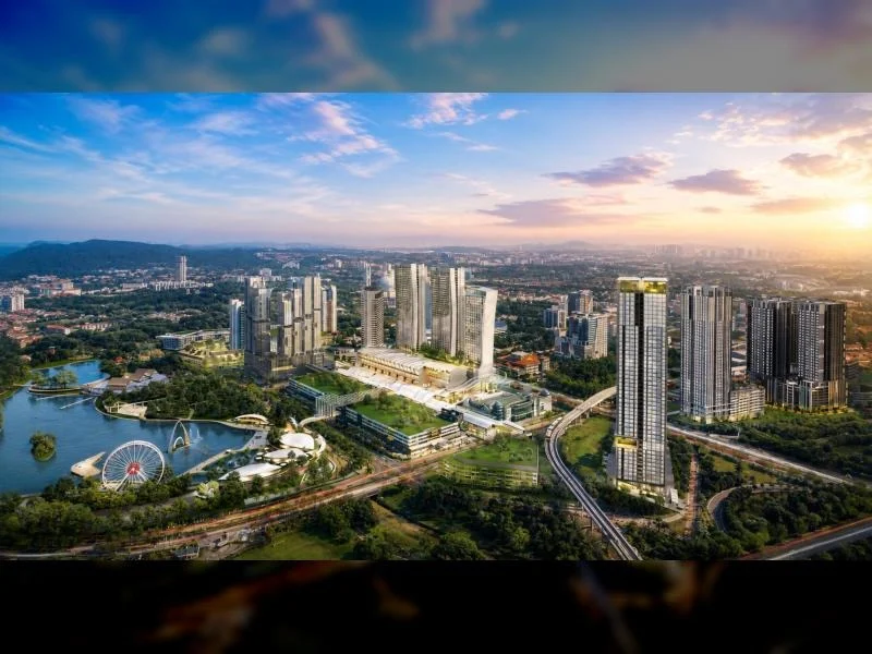 Exterior type: high-rise condominium; features: approximately 20-storey high-rise, glass curtain wall, white and grey facade, recessed balconies, multiple tower blocks, podium base, landscaped grounds, manicured lawn, waterfront lake, ferris wheel, pedestrian bridge, curved elevated roadway, surrounded by mature greenery, city skyline in background; style: modern.