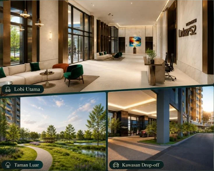 Exterior type: high-rise condominium; features: glass curtain wall, beige and dark brown facade, approximately 20-storey high-rise, recessed balconies, double-volume main lobby, marble flooring at entrance, feature lighting at night, covered drop-off canopy, porte cochère drop-off, landscaped garden, manicured lawn, mature trees, stone-paved walkway, pond with water feature, covered gazebo, surrounded by greenery; style: modern.