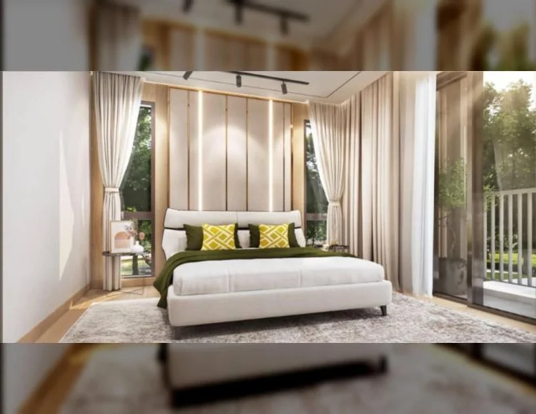 Bedroom features: queen-size bed, upholstered headboard, green throw blanket, two yellow decorative pillows, wooden accent wall, floor-to-ceiling windows, sheer curtains, recessed downlights, area rug with neutral color, side table, decorative artwork, balcony access; style: modern; view: garden.