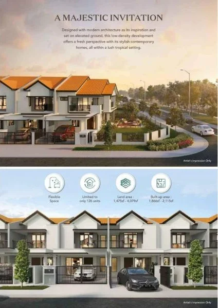 Exterior type: linked terrace house; features: two-storey building, orange tiled roof, cream painted facade, balconies with railings, landscaped front yard, driveway with car parking, manicured lawn, street view with trees, modern architectural design, multiple units in a row; style: modern.
