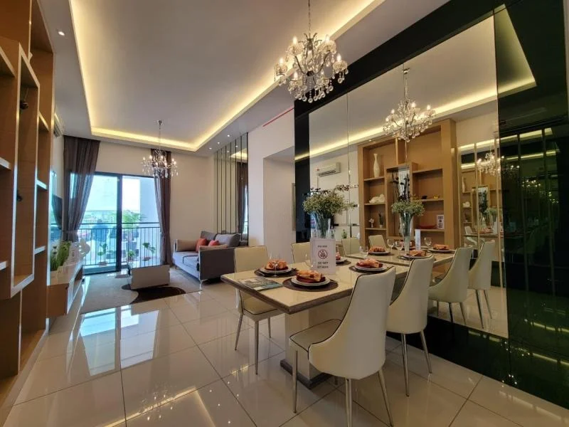 Dining features: 6-seater dining table, white dining chairs, chandelier lighting, decorative mirror wall, glass sliding door, floor-to-ceiling windows, grey curtains, white tiled flooring, decorative vase with flowers, table setting with plates and cutlery; style: modern; view: city. Living features: fabric sofa in grey, coffee table, TV console, wall-mounted TV, decorative shelving unit, area rug, recessed ceiling lights; style: modern; view: city.