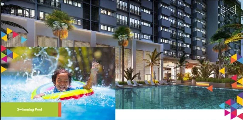 Exterior type: high-rise condominium; features: infinity pool, pool deck with loungers, landscaped garden with palm trees, glass curtain wall facade, recessed balconies, feature lighting at night; style: modern.