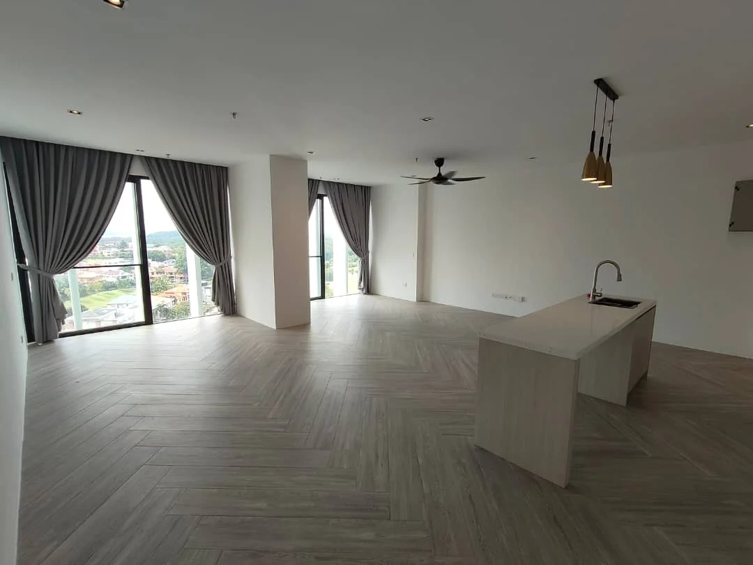 Living features: floor-to-ceiling windows, grey curtains, 5-blade ceiling fan with light, recessed downlights, light wood flooring, open-plan layout, kitchen island, view of city skyline; style: modern; view: city. Kitchen features: kitchen island, stainless-steel sink, chrome pull-down faucet; style: modern; view: city.
