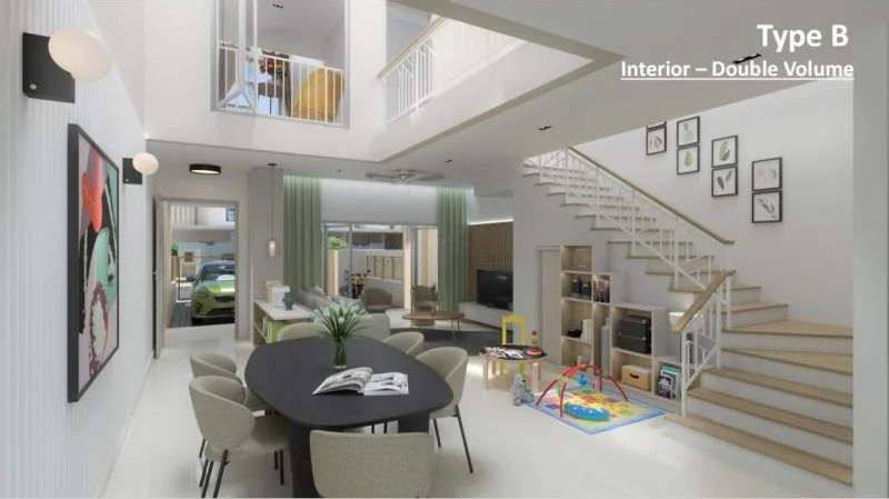 Living features: double-volume ceiling, large windows with green curtains, ceiling fan with integrated light, light-colored walls, polished concrete flooring, open-plan layout, modern dining table with black finish, wooden shelving unit, decorative wall art, colorful play mat, children's toys, staircase with wooden steps and white railing; style: modern; view: garden.
