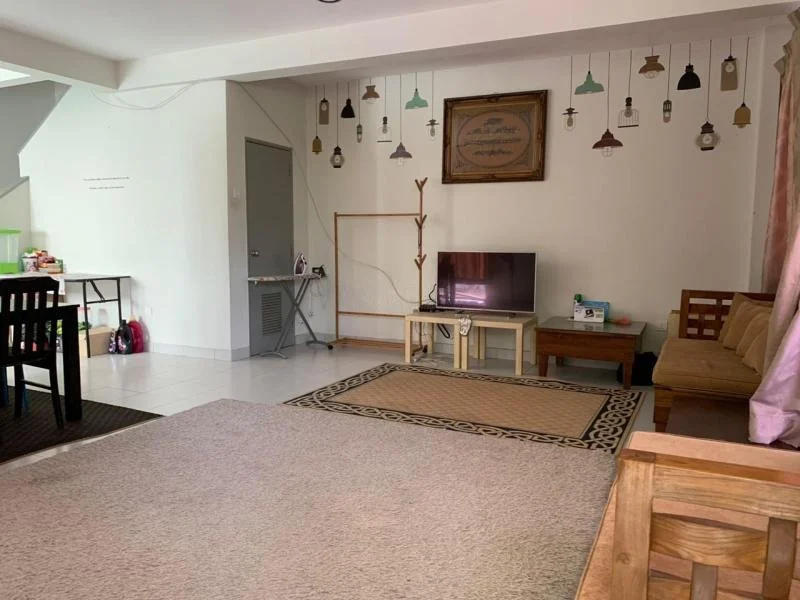 Living features: beige fabric sofa, wooden coffee table, wall-mounted TV, area rug with geometric pattern, decorative wall lights, framed artwork, white painted walls, tile flooring, curtains, open shelving, wooden side table; style: modern.