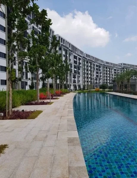 Exterior type: high-rise condominium; features: swimming pool with mosaic tiles, landscaped garden with manicured lawns, paved walkway, tropical landscaping with palm trees, multi-storey building facade with balconies, greenery along the poolside; style: modern.