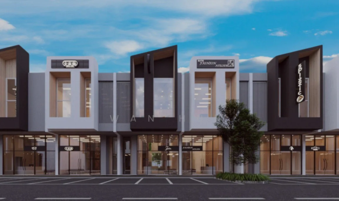 Exterior type: shophouse; features: modern facade with large glass windows, projecting balconies, timber cladding accents, signage for multiple businesses, manicured landscaping with small trees, paved parking area in front, two-storey structure, asymmetrical roof design; style: modern.