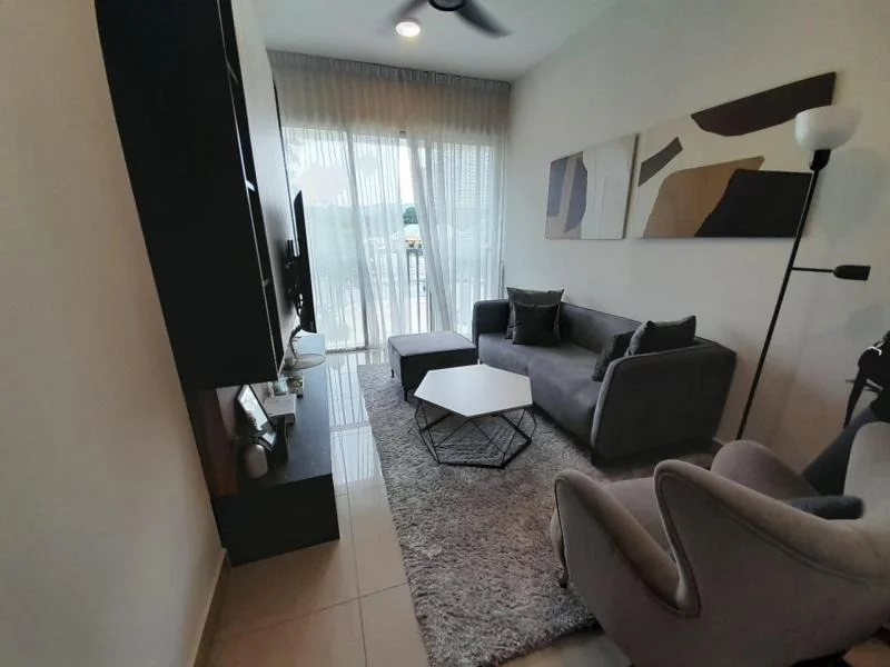 Living features: grey fabric sofa, coffee table with geometric design, area rug, floor-to-ceiling windows, sheer curtains, ceiling fan, wall-mounted TV, decorative wall art, light floor tiles, lamp, accent chair; style: modern.