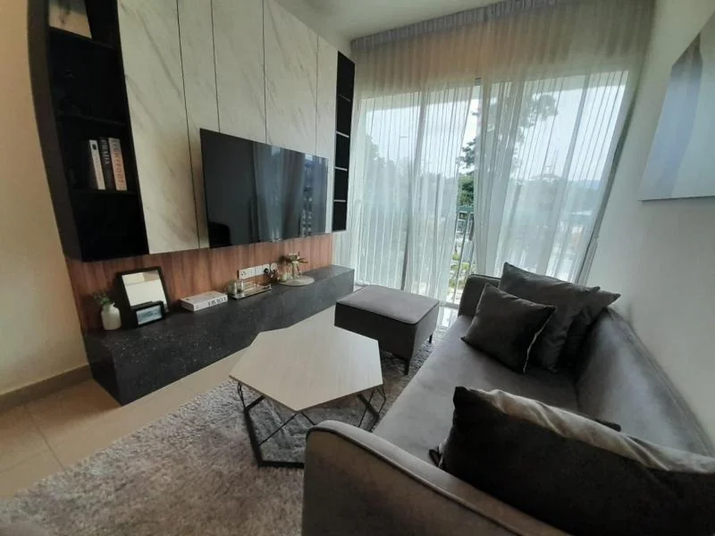 Living features: grey fabric sofa, coffee table with marble top, black stone TV console, wall-mounted TV, floor-to-ceiling windows, sheer curtains, decorative plants, area rug with neutral color, accent wall with marble finish, light-colored wall, recessed lighting; style: modern; view: garden.