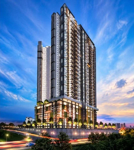 Exterior type: high-rise condominium; features: approximately 30-storey high-rise, glass curtain wall, grey facade, recessed balconies, projecting balconies, vertical fins, podium base, mixed-use podium with retail frontage, feature lighting at night, palm trees, manicured landscaping, adjacent to highway, city skyline view in background; style: modern.