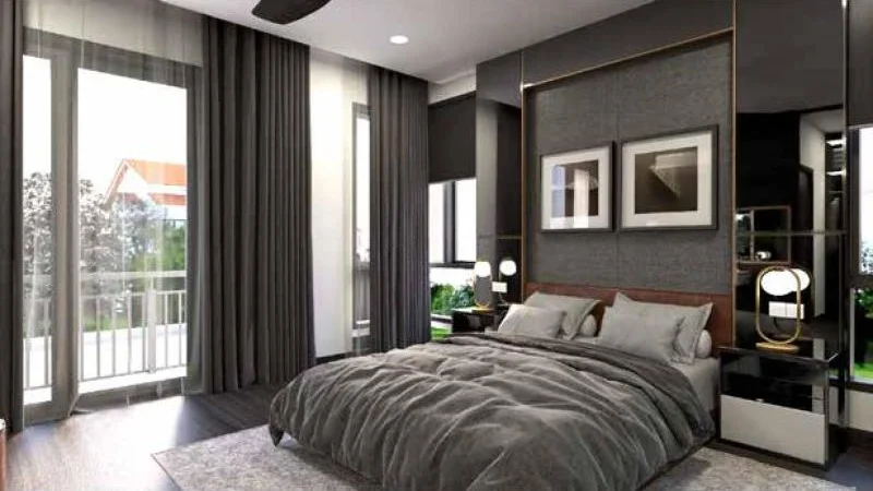 Bedroom features: king-size bed with grey bedding, upholstered headboard, two bedside lamps, wooden nightstands, framed artwork on walls, grey curtains, floor-to-ceiling windows, balcony access, wood flooring, area rug with geometric pattern, recessed downlights, ceiling fan; style: modern; view: garden.