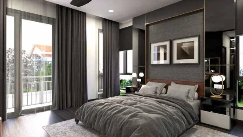 Bedroom features: king-size bed with grey bedding, upholstered headboard, two bedside lamps, wooden bedside tables, grey area rug, floor-to-ceiling windows, sliding glass door to balcony, curtains in grey fabric, wall-mounted artwork, dark wood flooring, recessed ceiling lights, ceiling fan; style: modern; view: garden.