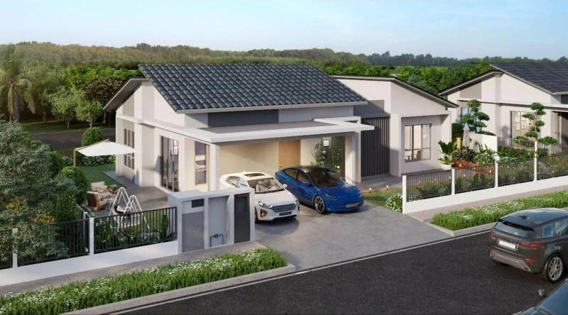 Exterior type: detached bungalow; features: pitched tile roof, white painted facade, large front porch, two-car carport, manicured lawn, tropical landscaping with palm trees, stone-paved driveway, fenced front yard, outdoor seating area with umbrella, garden area with shrubs and flowers; style: modern.