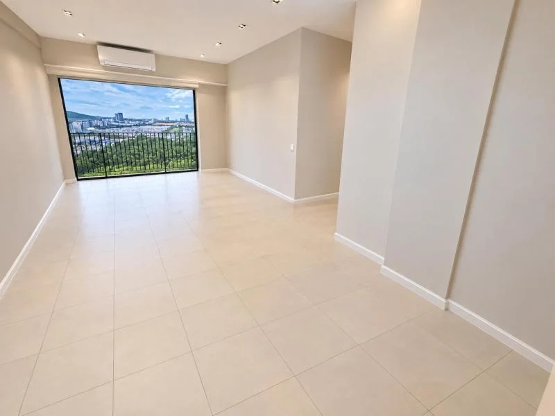 Living features: white painted walls, large beige floor tiles, recessed downlights, wall-mounted split air conditioner, sliding glass door, black metal balcony railing, floor-to-ceiling window opening, city view, green landscape view, empty unfurnished room, plain white skirting boards, rectangular room layout, light neutral wall paint, high ceiling; style: modern; view: city.
