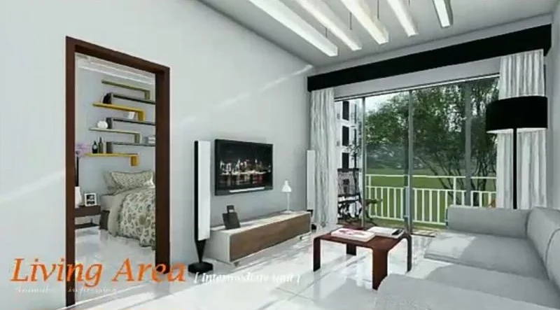 Living features: white painted walls, polished tile flooring, 5-blade ceiling fan with light, sofa in light grey fabric, wood coffee table, TV console, wall-mounted TV, floor-to-ceiling windows, sheer curtains, decorative wall shelves, area rug with geometric pattern, decorative mirror; style: modern; view: garden. Room features: bed with bedding, decorative items on shelves.
